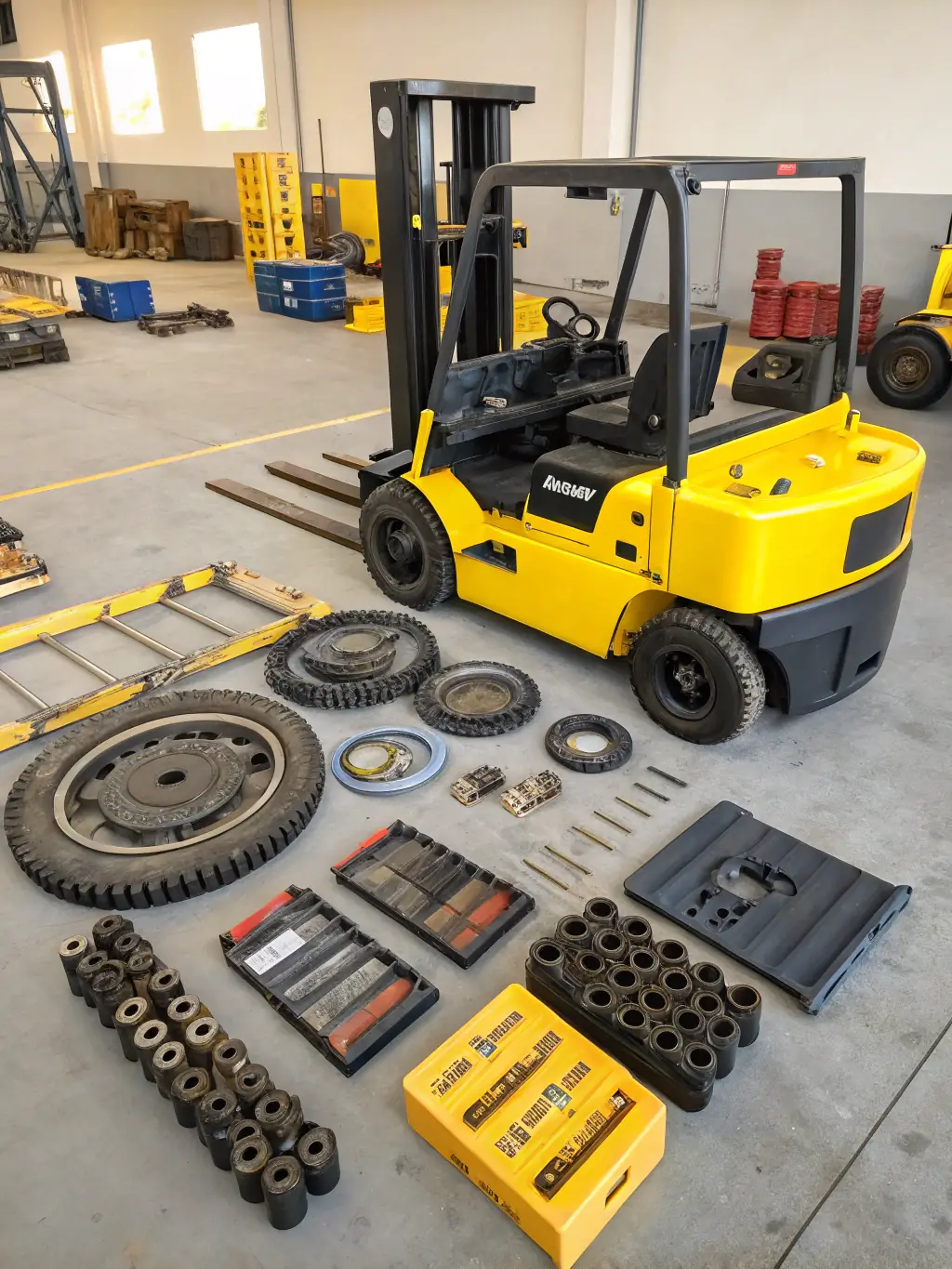 A close-up shot of a Hyster forklift truck in operation, lifting a heavy load in a warehouse setting, showcasing its power and reliability.