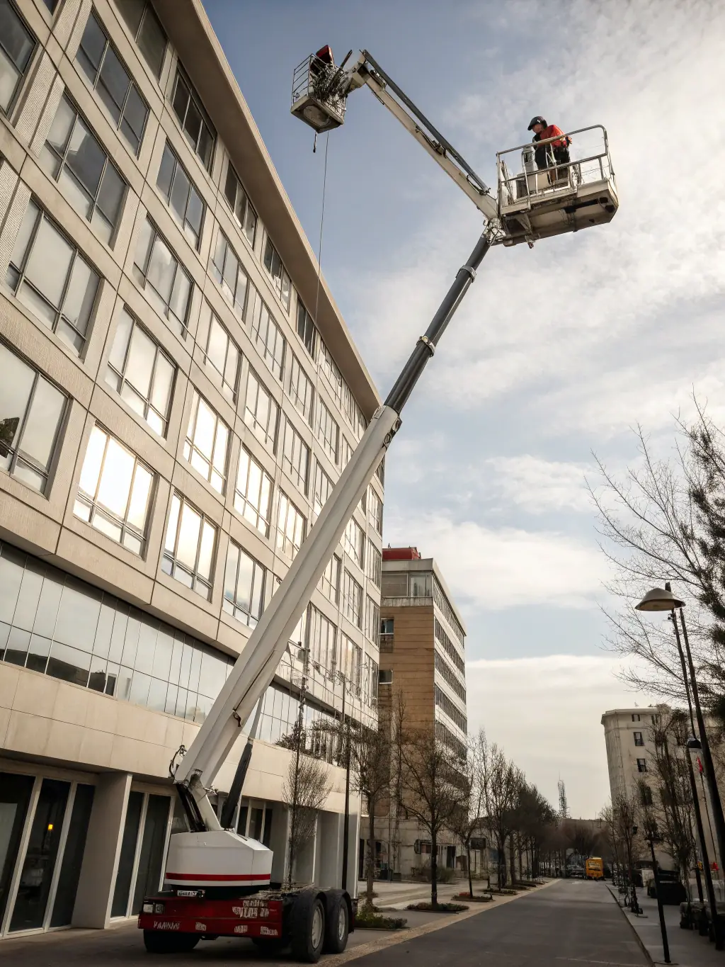 A Genie scissor lift elevating a worker to perform maintenance on a building facade, demonstrating its safety and efficiency for work at heights.